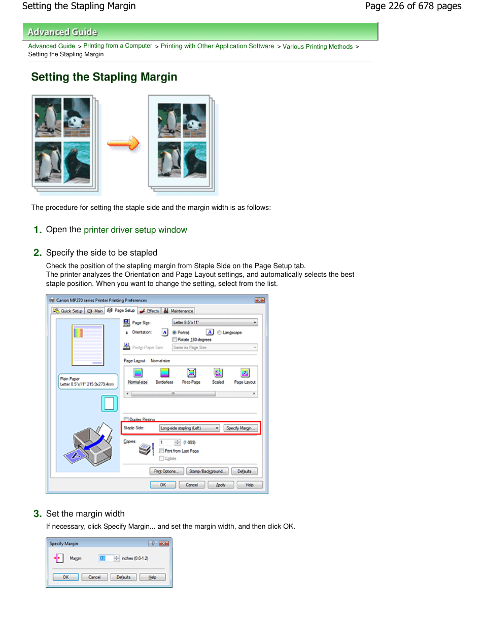 Setting the stapling margin | Canon PIXMA MP250 User Manual | Page 226 / 678