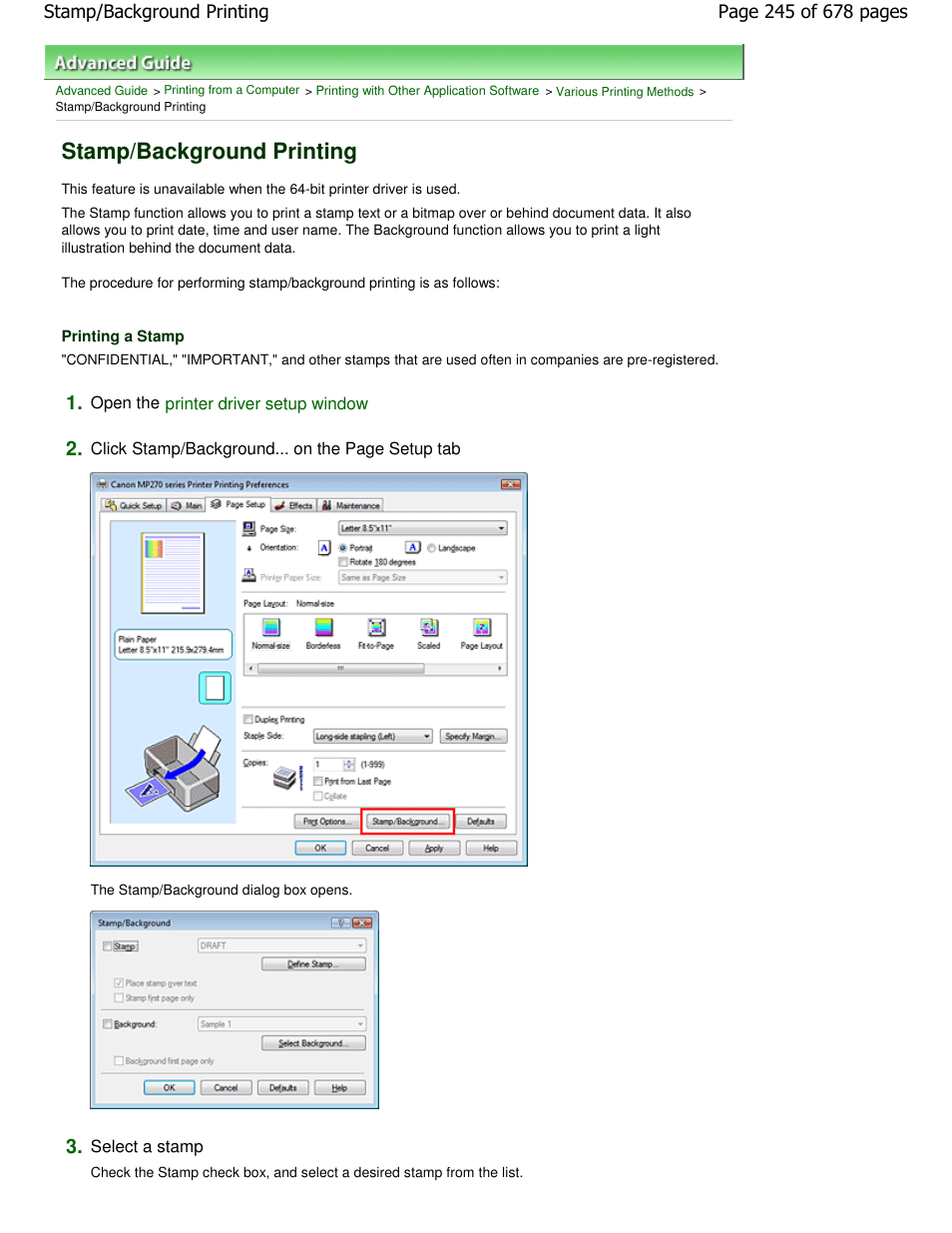 Stamp/background printing | Canon PIXMA MP250 User Manual | Page 245 / 678