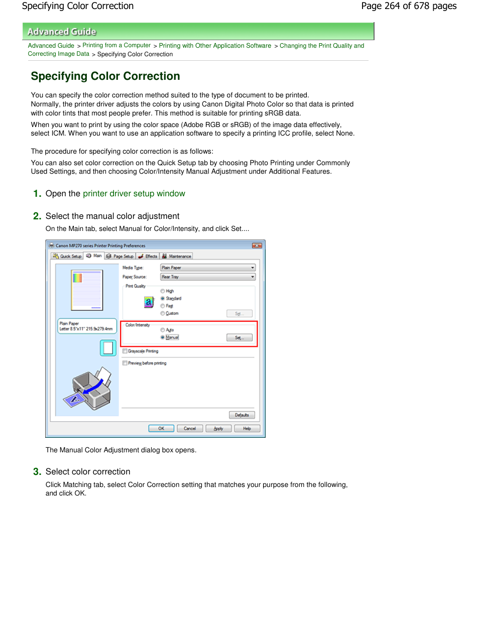Specifying color correction | Canon PIXMA MP250 User Manual | Page 264 / 678