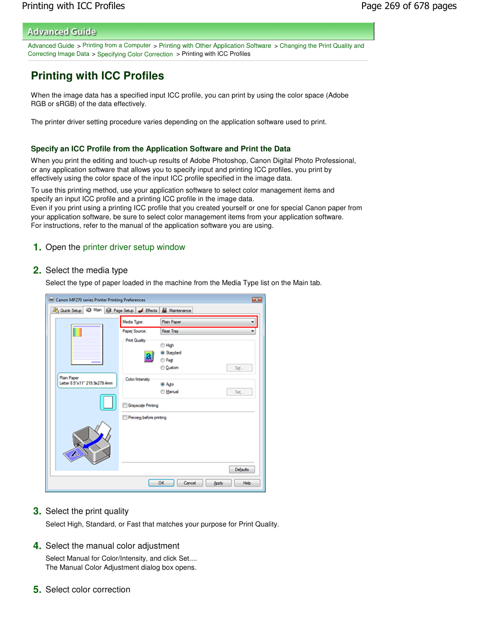 Printing with icc profiles | Canon PIXMA MP250 User Manual | Page 269 / 678