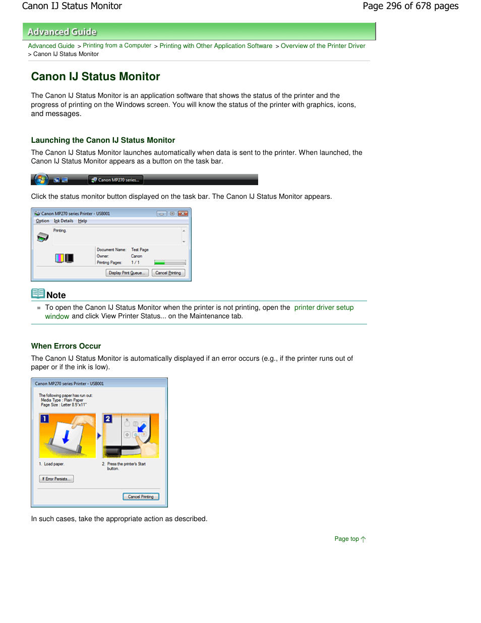 Canon ij status monitor | Canon PIXMA MP250 User Manual | Page 296 / 678