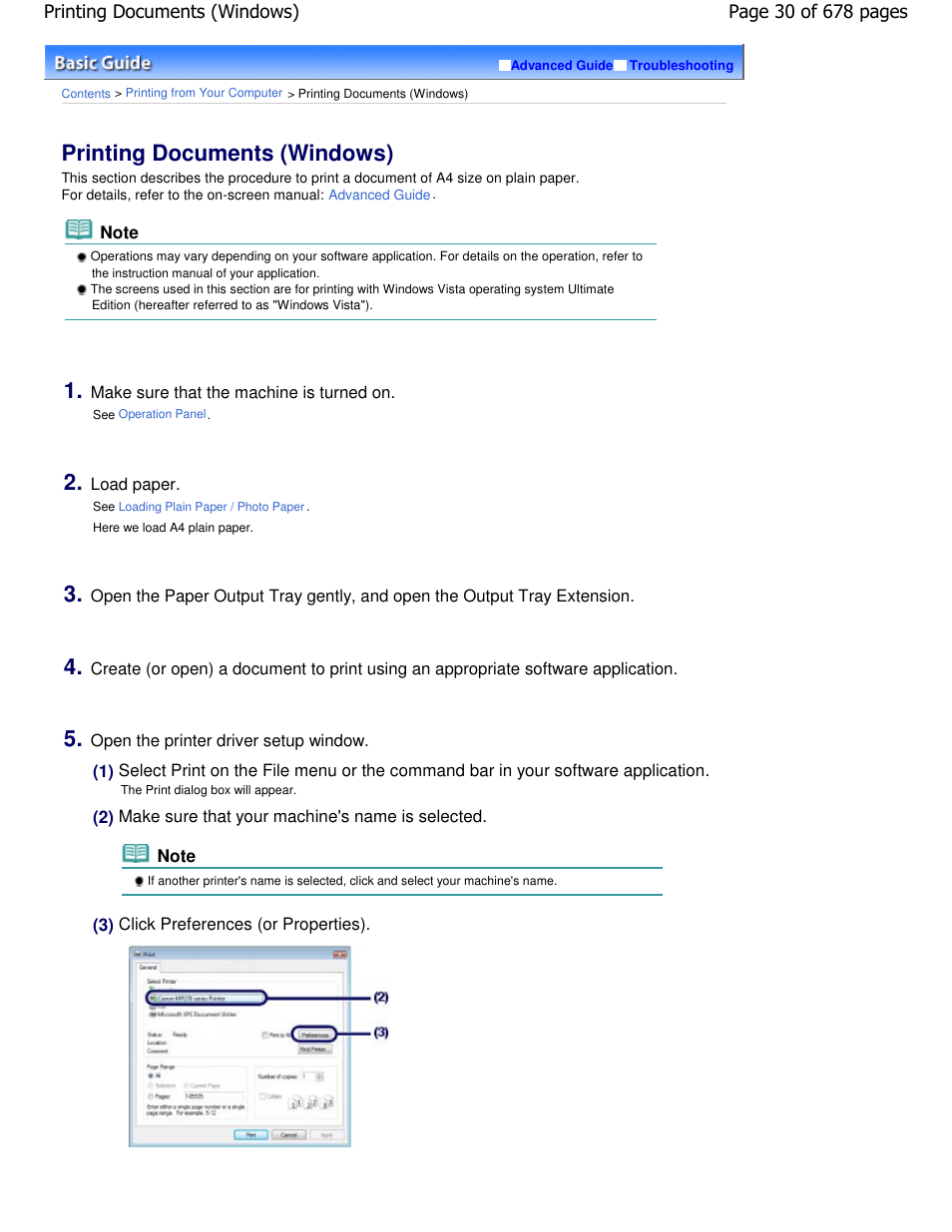 Printing documents (windows) | Canon PIXMA MP250 User Manual | Page 30 / 678