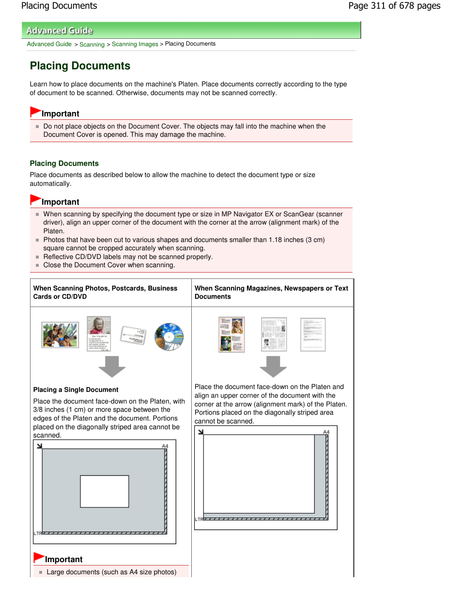 Placing documents | Canon PIXMA MP250 User Manual | Page 311 / 678