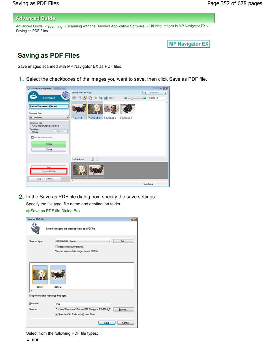 Saving as pdf files | Canon PIXMA MP250 User Manual | Page 357 / 678