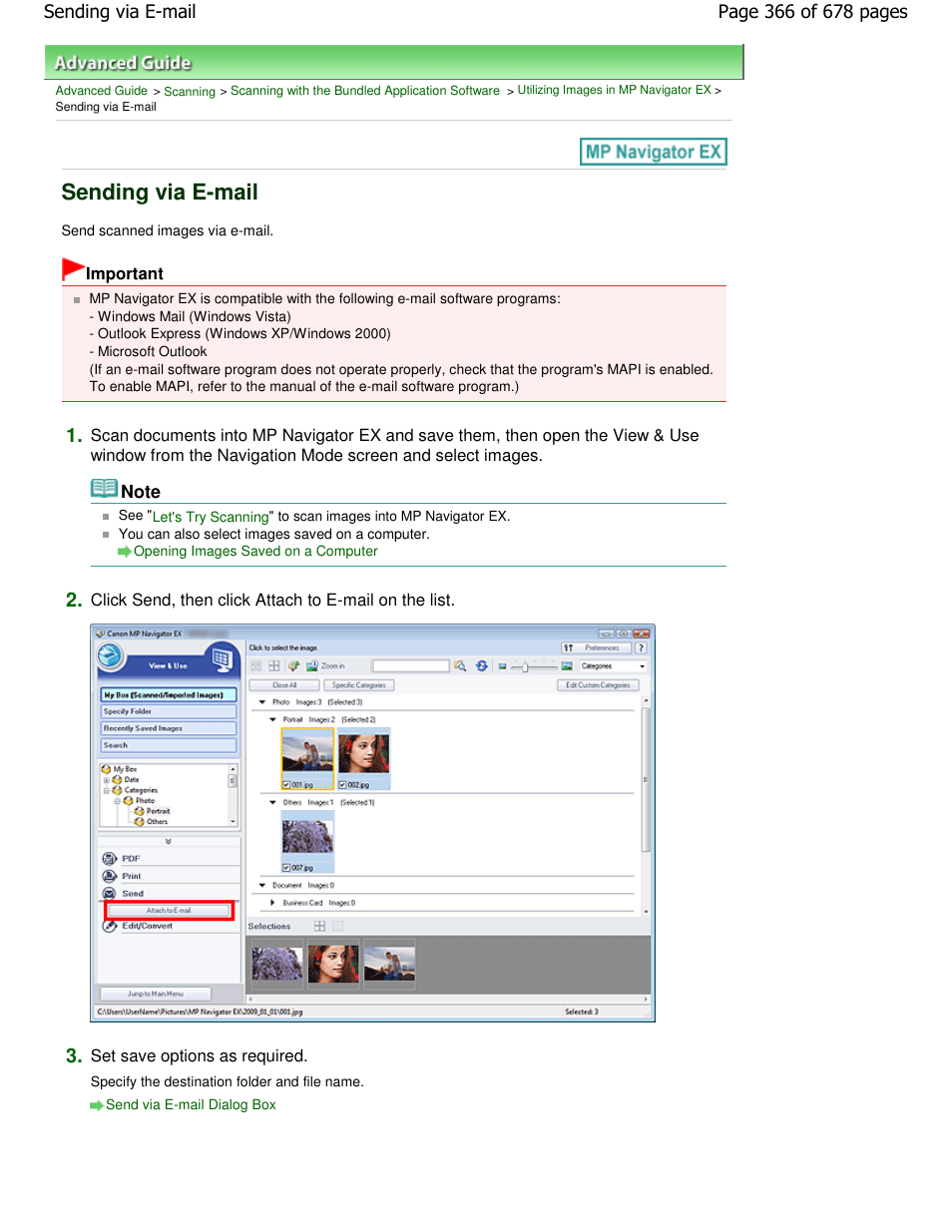 Sending via e-mail | Canon PIXMA MP250 User Manual | Page 366 / 678