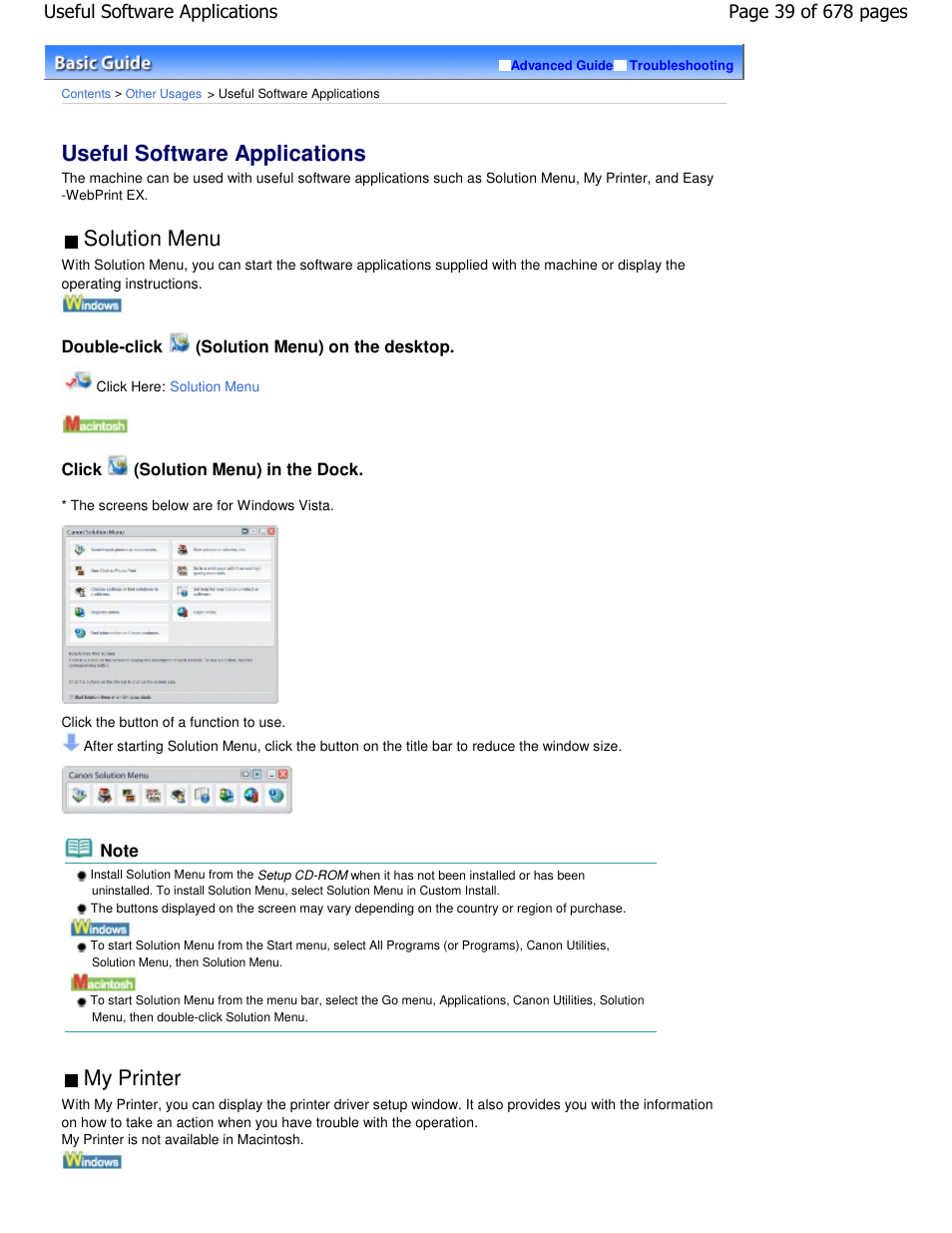 Useful software applications, Solution menu, My printer | Canon PIXMA MP250 User Manual | Page 39 / 678