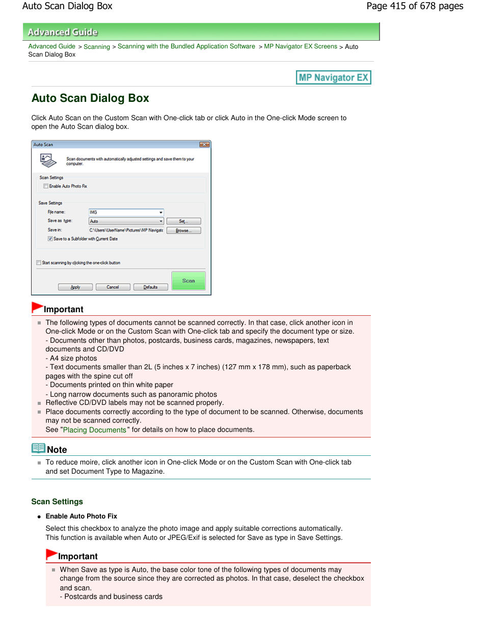 Auto scan dialog box | Canon PIXMA MP250 User Manual | Page 415 / 678