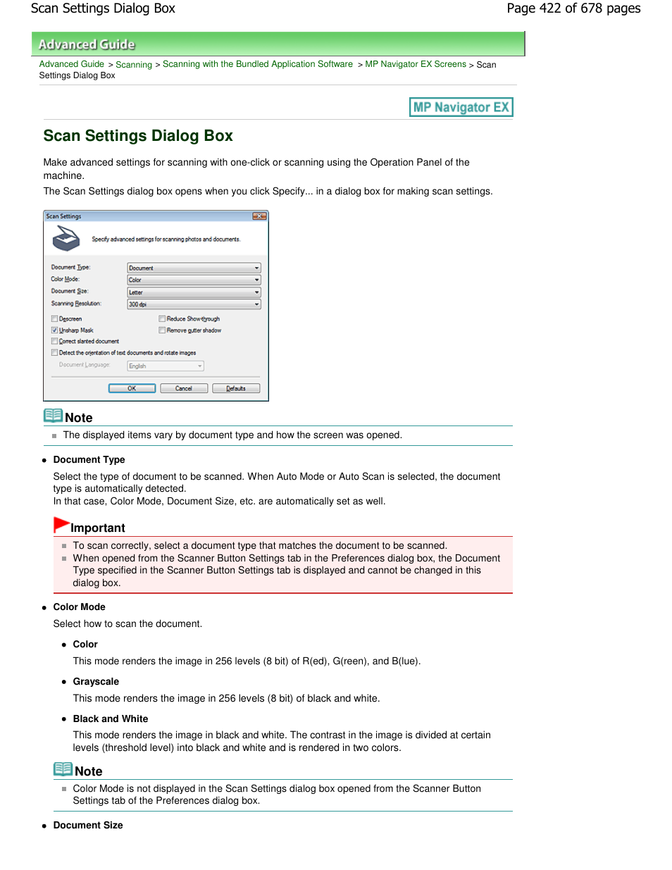 Scan settings dialog box | Canon PIXMA MP250 User Manual | Page 422 / 678