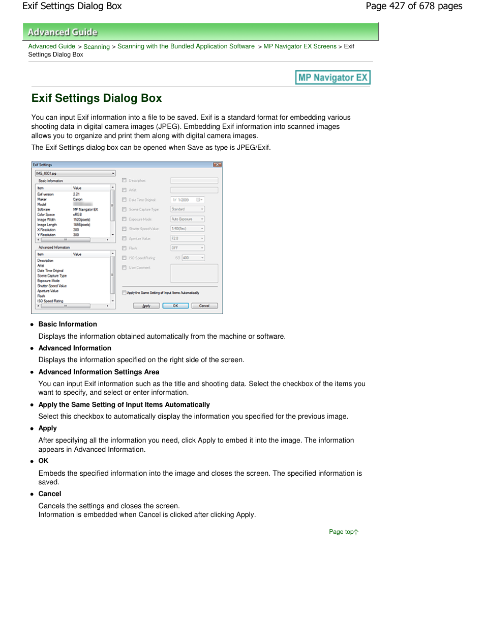 Exif settings dialog box | Canon PIXMA MP250 User Manual | Page 427 / 678