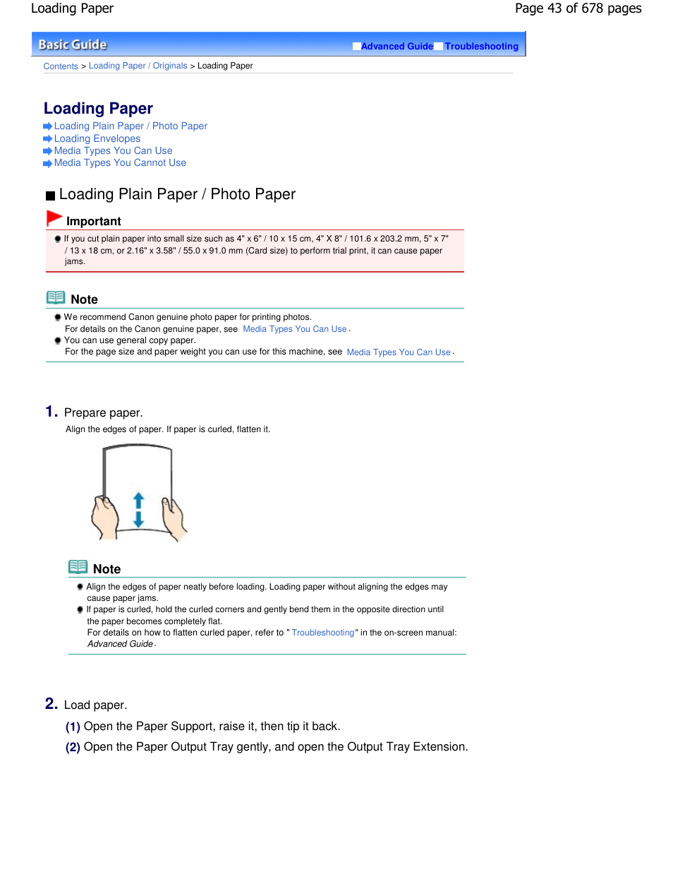 Loading paper, Loading plain paper / photo paper | Canon PIXMA MP250 User Manual | Page 43 / 678