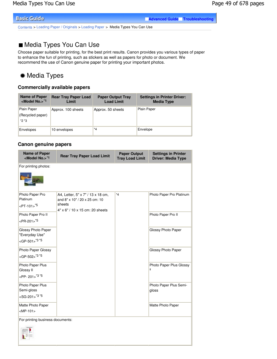 Media types, Media types you can use, Commercially available papers | Canon genuine papers | Canon PIXMA MP250 User Manual | Page 49 / 678