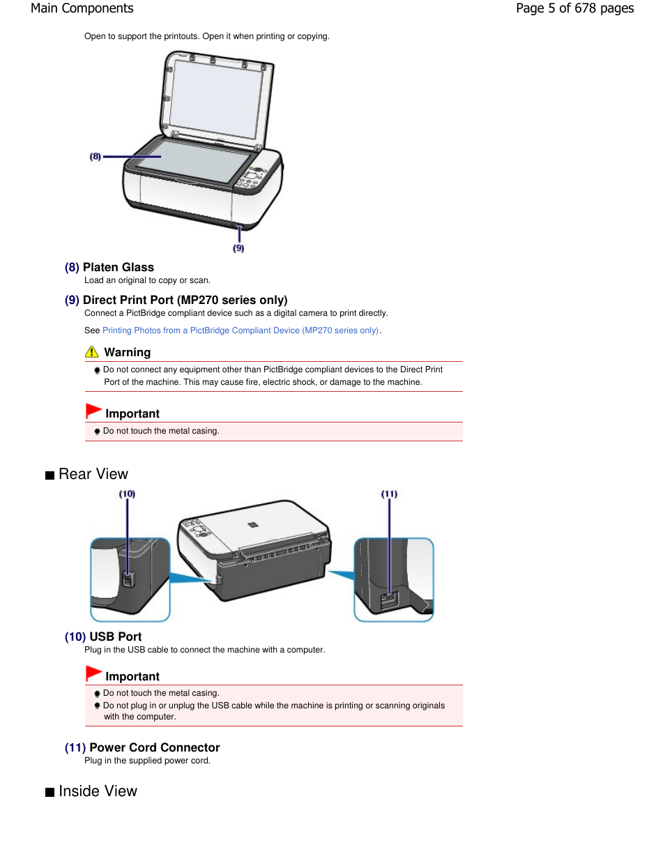 Inside view, Rear view | Canon PIXMA MP250 User Manual | Page 5 / 678