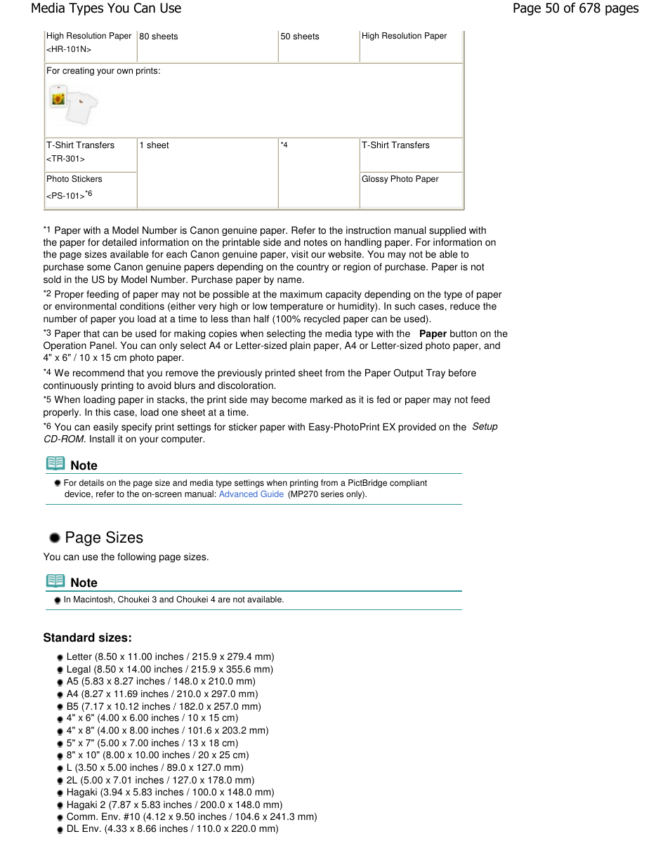 Page sizes, Standard sizes | Canon PIXMA MP250 User Manual | Page 50 / 678