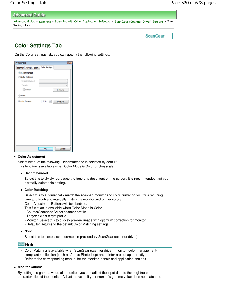 Color settings tab | Canon PIXMA MP250 User Manual | Page 520 / 678