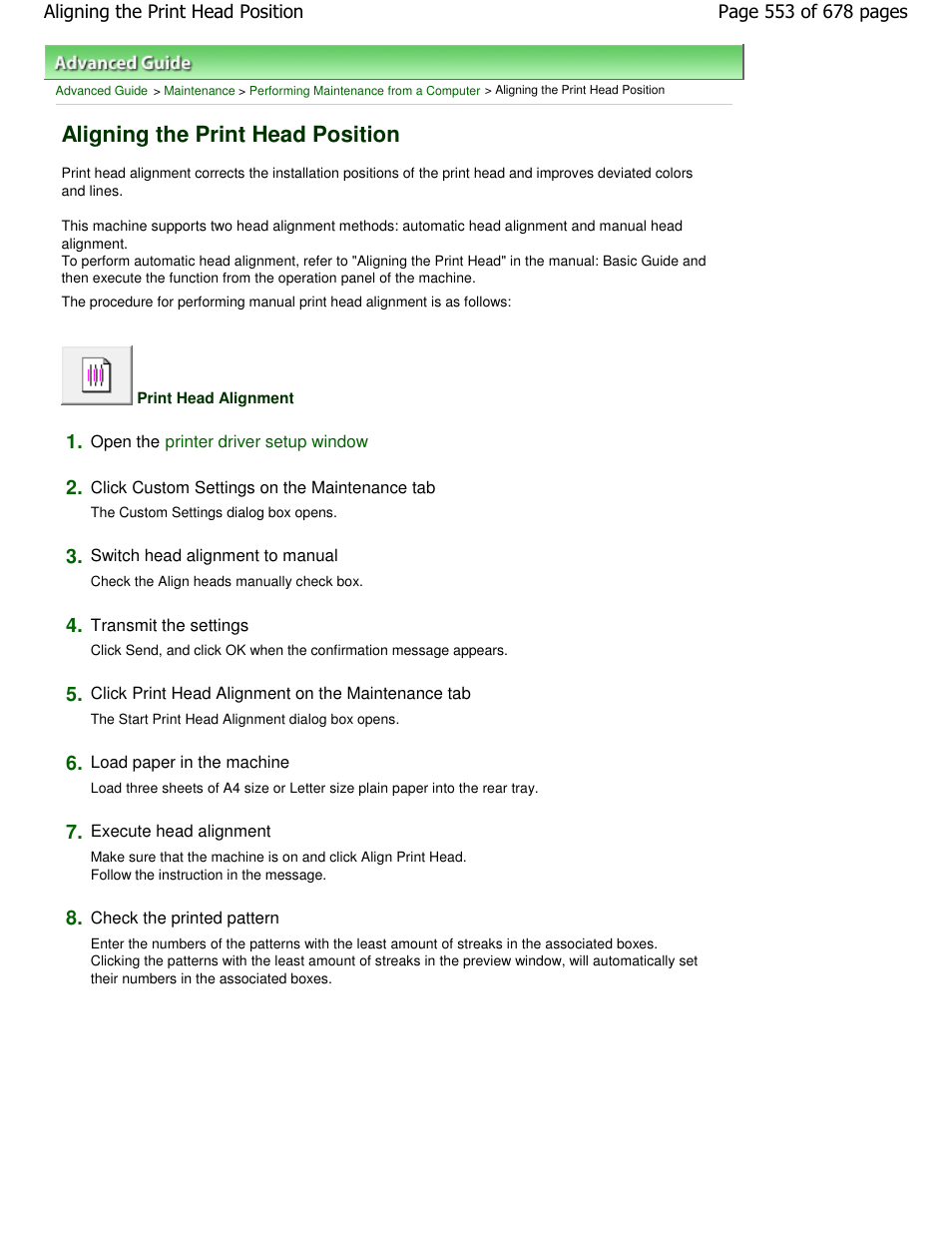 Aligning the print head position | Canon PIXMA MP250 User Manual | Page 553 / 678