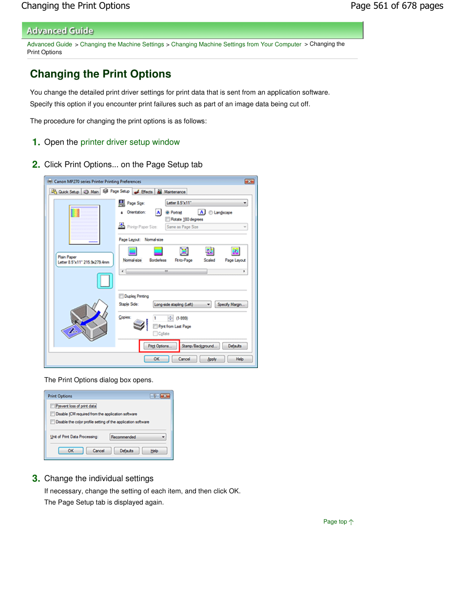 Changing the print options | Canon PIXMA MP250 User Manual | Page 561 / 678