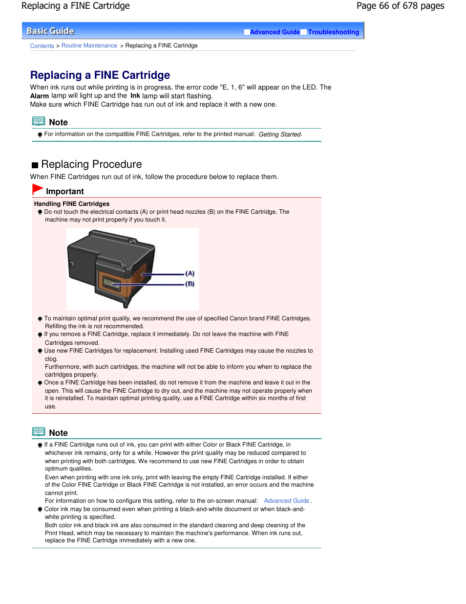 Replacing a fine cartridge, Replacing procedure | Canon PIXMA MP250 User Manual | Page 66 / 678