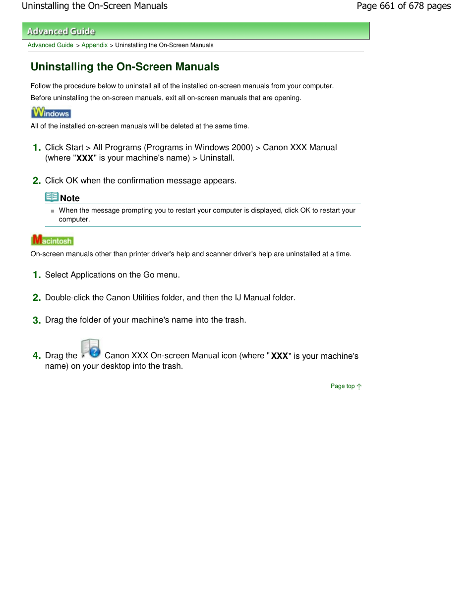 Uninstalling the on-screen manuals | Canon PIXMA MP250 User Manual | Page 661 / 678