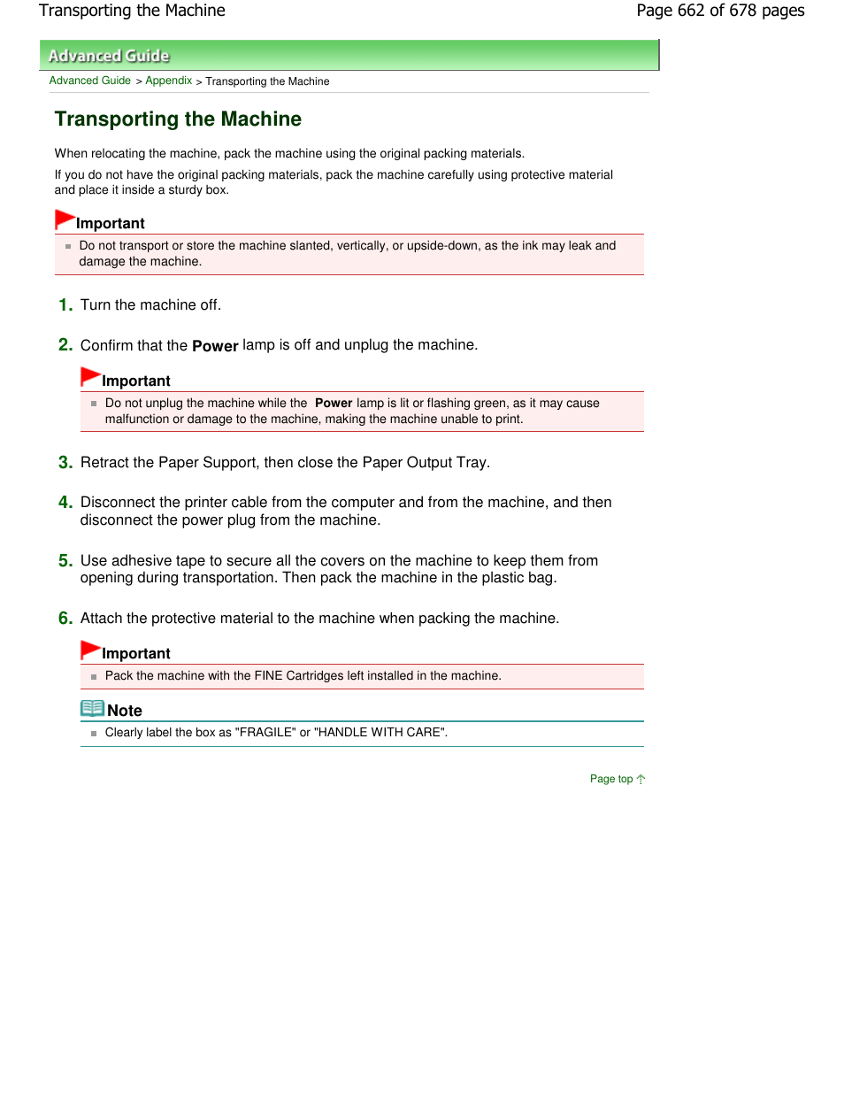 Transporting the machine | Canon PIXMA MP250 User Manual | Page 662 / 678