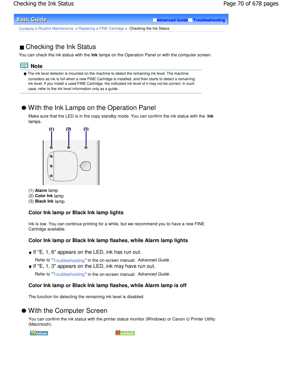Checking the ink status, With the ink lamps on the operation panel, With the computer screen | Canon PIXMA MP250 User Manual | Page 70 / 678