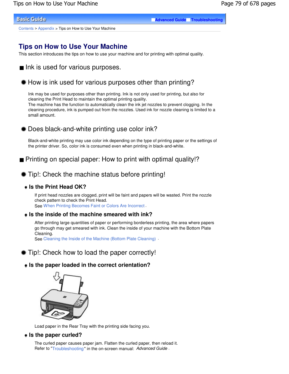 Tips on how to use your machine, Does black-and-white printing use color ink, Tip!: check how to load the paper correctly | Canon PIXMA MP250 User Manual | Page 79 / 678