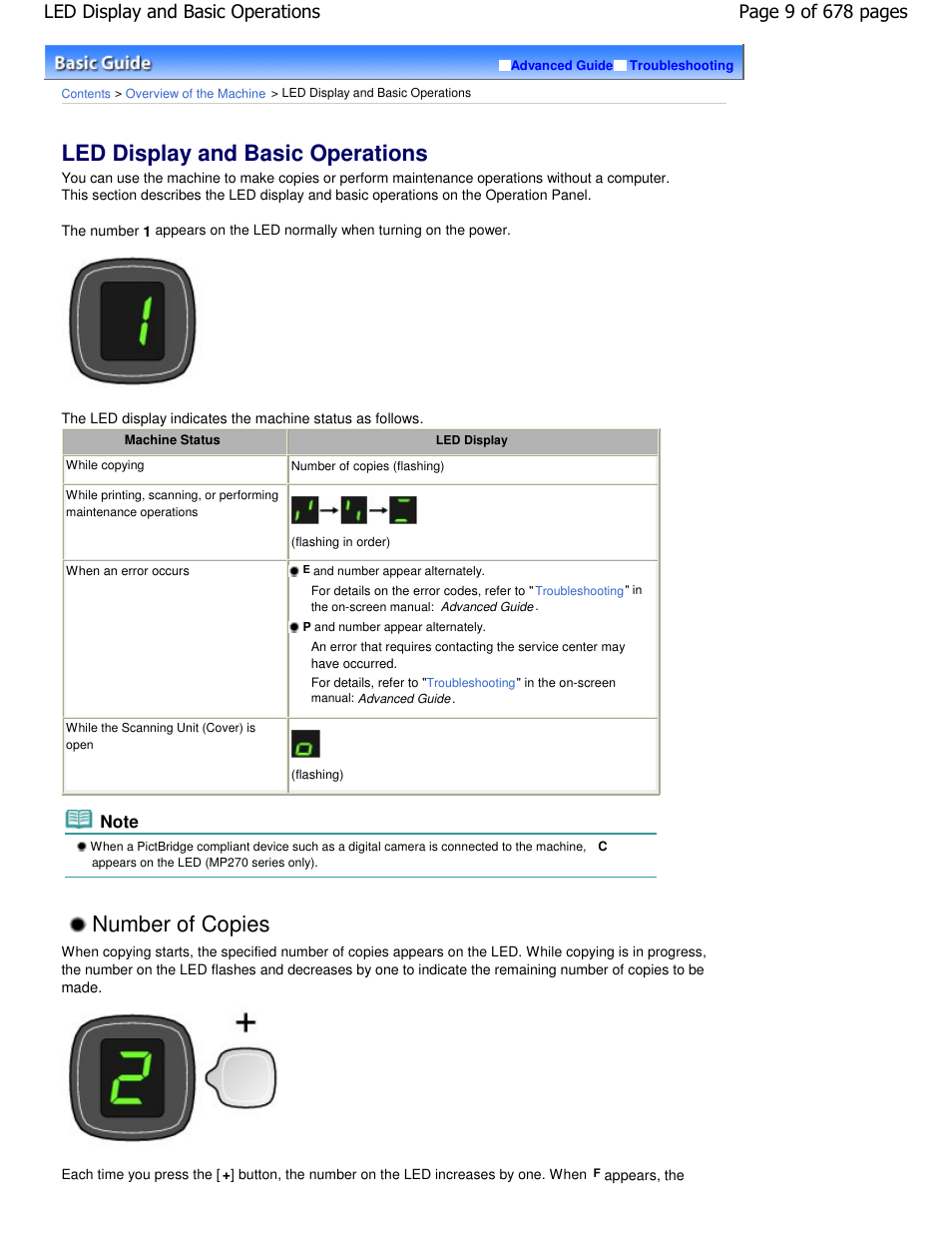 Led display and basic operations, Number of copies | Canon PIXMA MP250 User Manual | Page 9 / 678