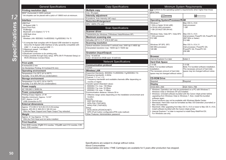 Specifications, Sp ec ifi ca tio ns | Canon PIXMA MG5220 User Manual | Page 52 / 54