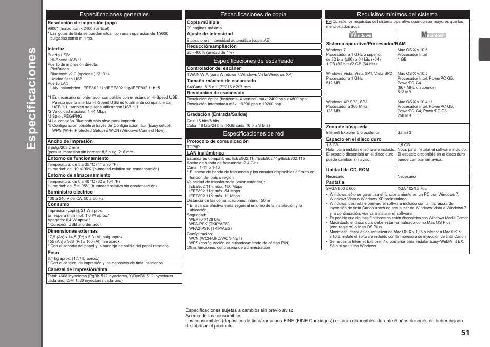 Especificaciones, Es pe ci fic ac io ne s | Canon PIXMA MG5220 User Manual | Page 53 / 54