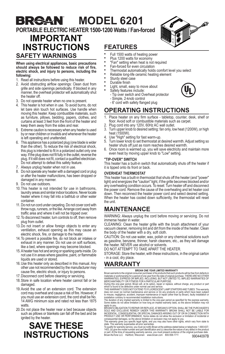 Broan Portable Electric Heater 6201 User Manual | 2 pages