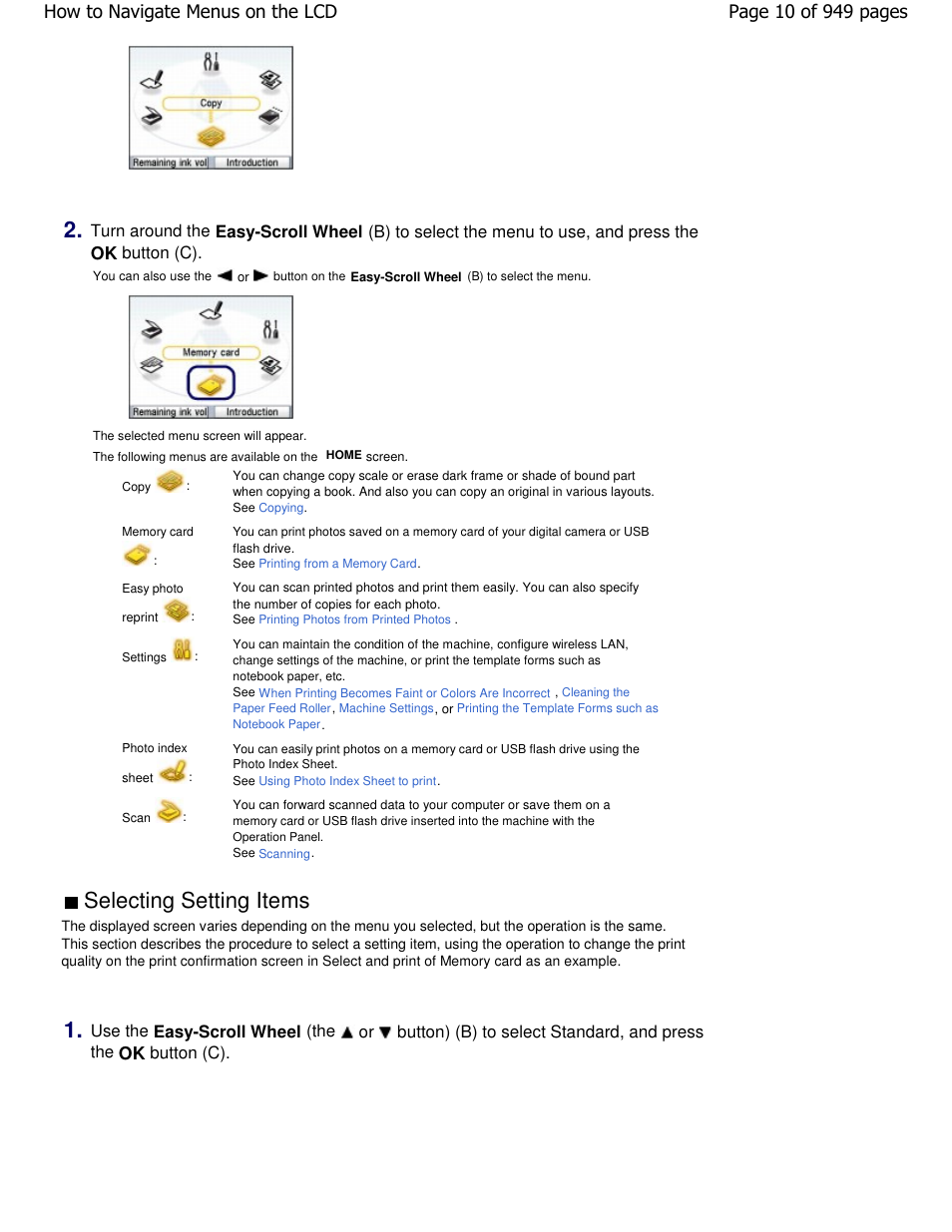 Selecting setting items, Easy-scroll wheel, Or button) (b) to select standard, and press | Ok button (c) | Canon PIXMA MP560 User Manual | Page 10 / 949