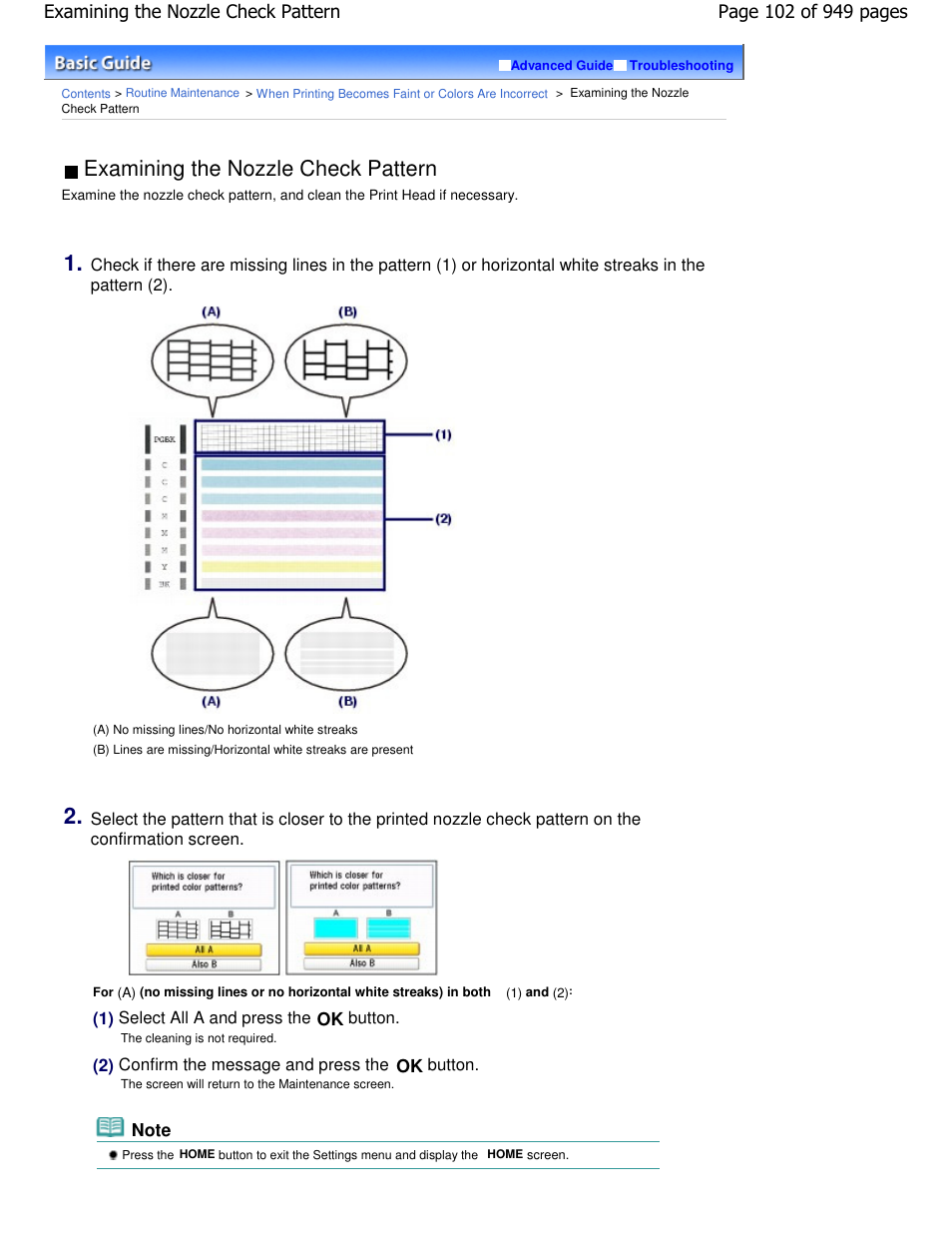 Examining the nozzle check pattern | Canon PIXMA MP560 User Manual | Page 102 / 949