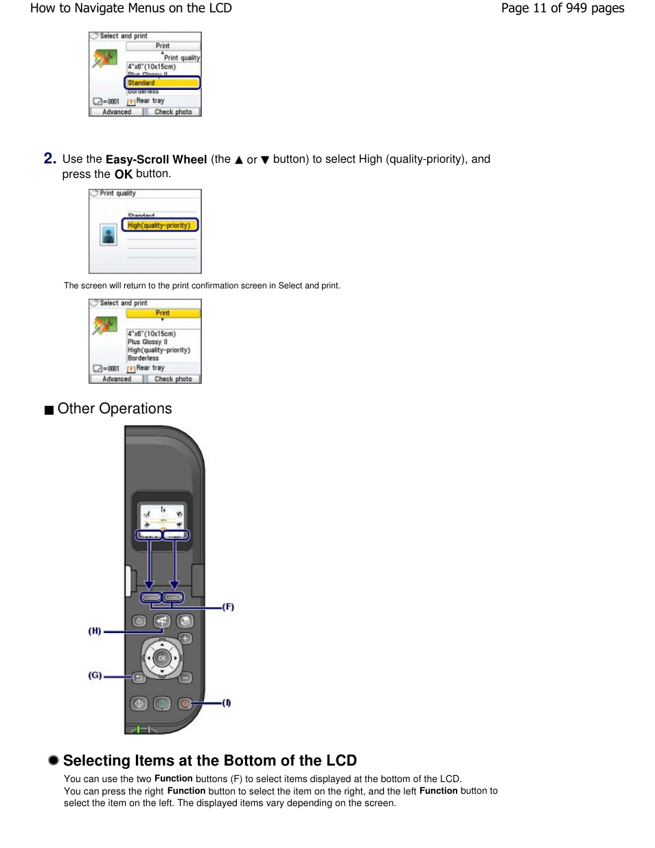 Selecting items at the bottom of the lcd, Other operations | Canon PIXMA MP560 User Manual | Page 11 / 949