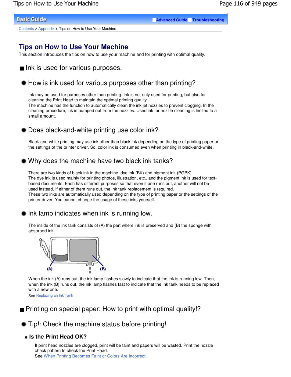 Tips on how to use your machine, Does black-and-white printing use color ink, Why does the machine have two black ink tanks | Ink lamp indicates when ink is running low | Canon PIXMA MP560 User Manual | Page 116 / 949