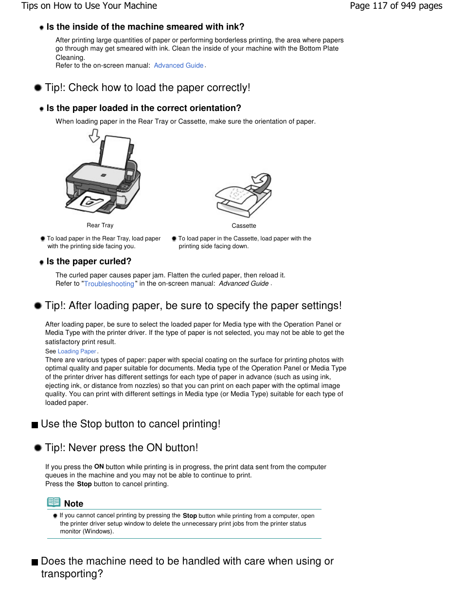 Tip!: check how to load the paper correctly | Canon PIXMA MP560 User Manual | Page 117 / 949