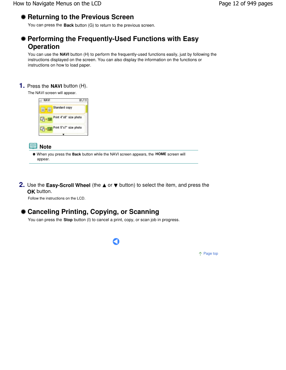 Returning to the previous screen, Canceling printing, copying, or scanning | Canon PIXMA MP560 User Manual | Page 12 / 949
