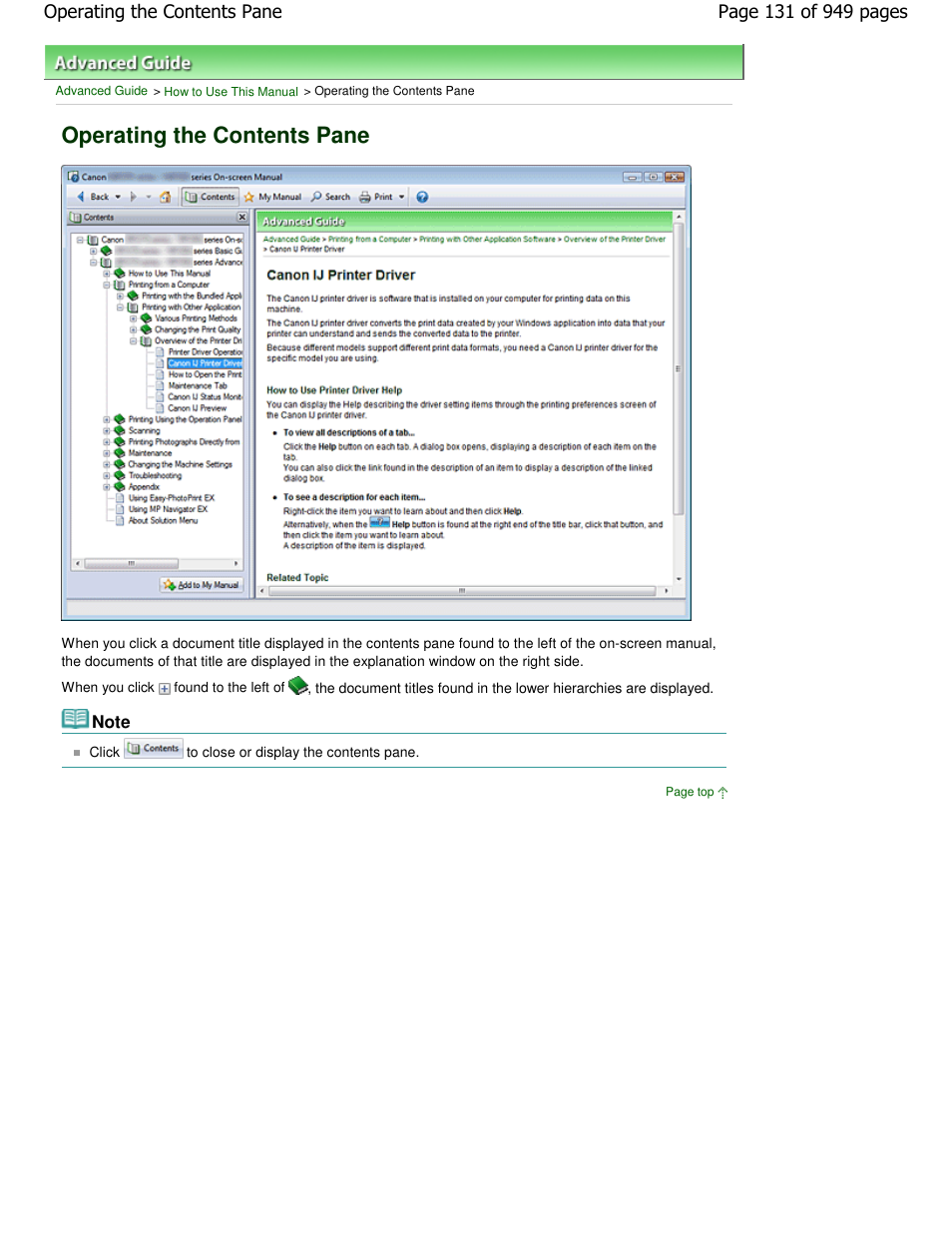Operating the contents pane | Canon PIXMA MP560 User Manual | Page 131 / 949