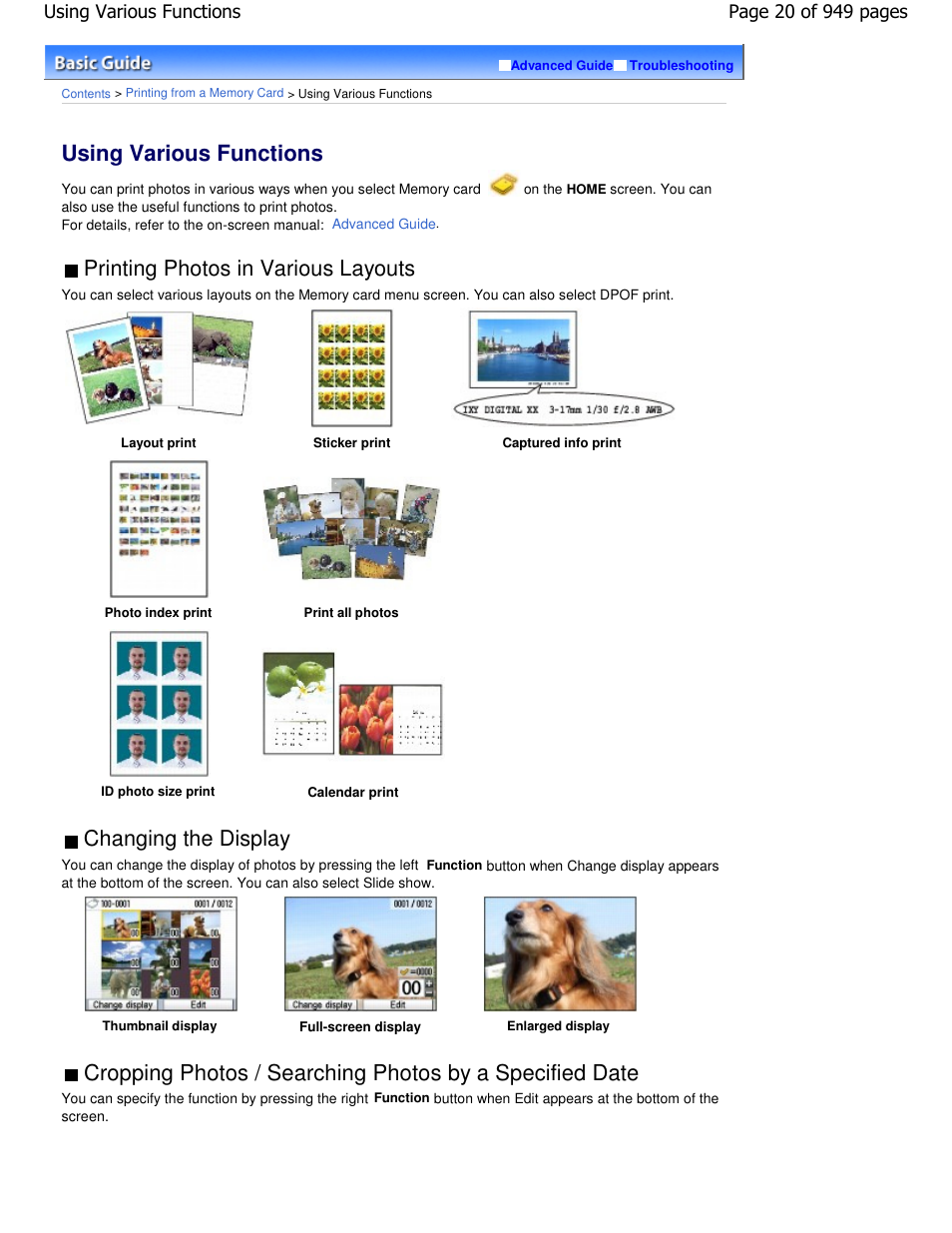 Using various functions, Printing photos in various layouts, Changing the display | Canon PIXMA MP560 User Manual | Page 20 / 949