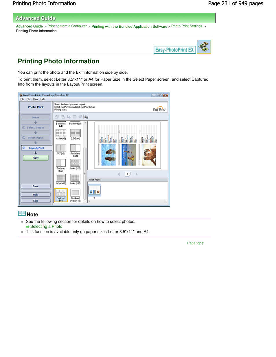 Printing photo information | Canon PIXMA MP560 User Manual | Page 231 / 949