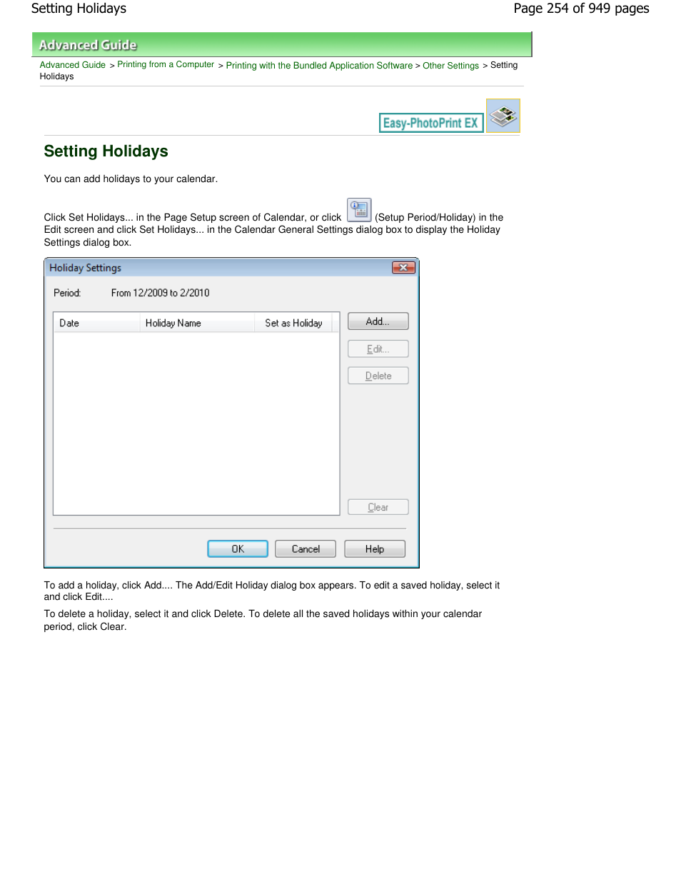Setting holidays | Canon PIXMA MP560 User Manual | Page 254 / 949