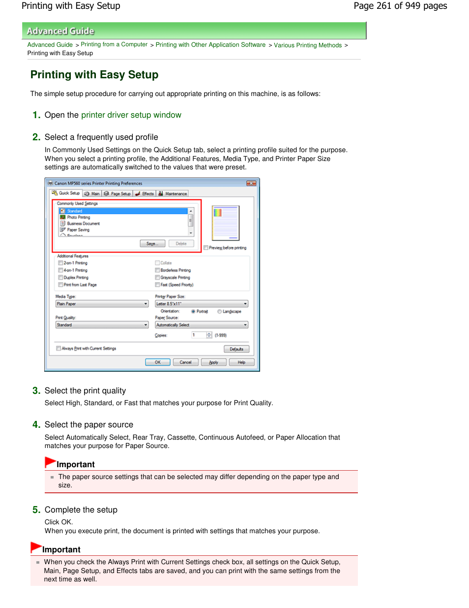 Printing with easy setup | Canon PIXMA MP560 User Manual | Page 261 / 949