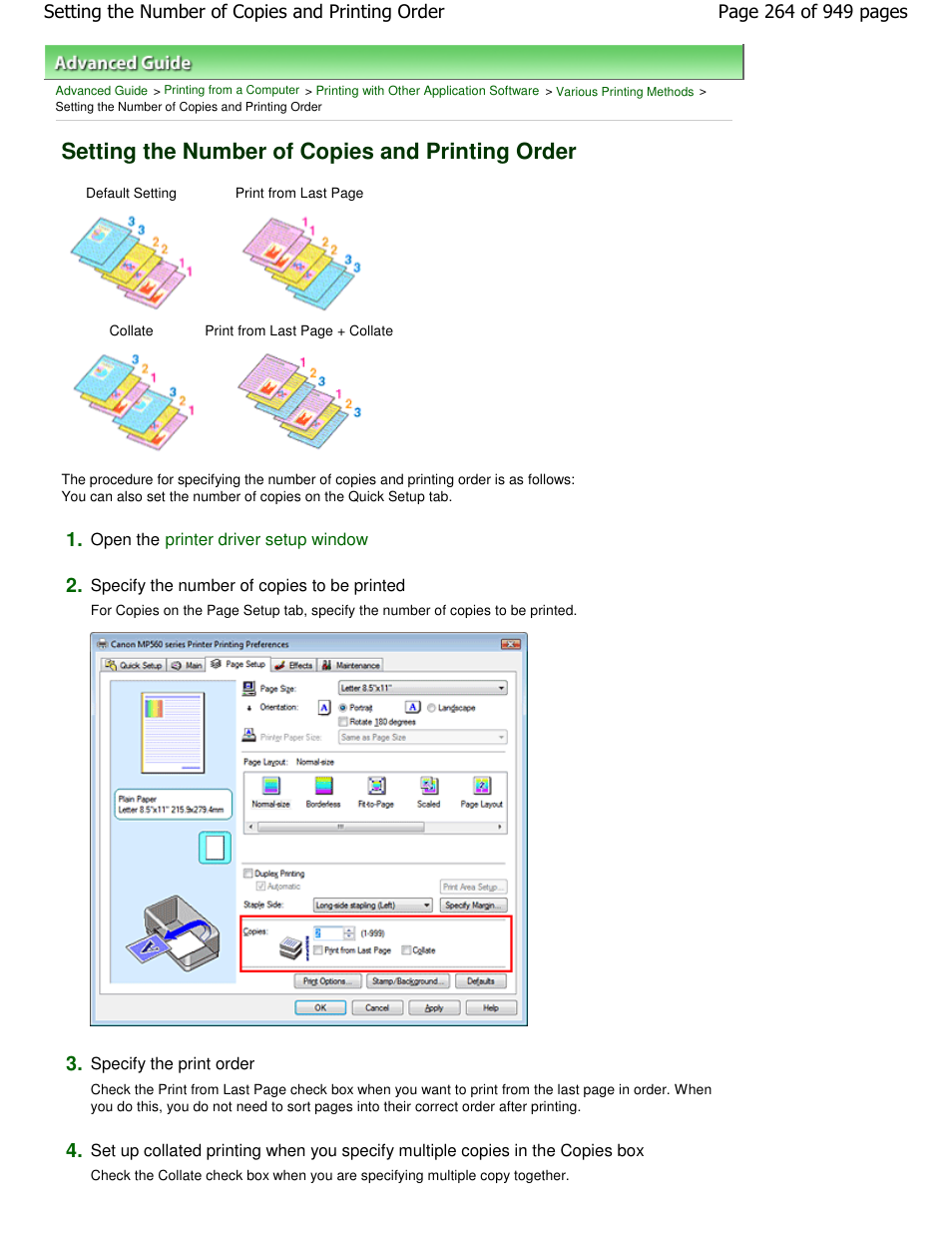 Setting the number of copies and printing order | Canon PIXMA MP560 User Manual | Page 264 / 949