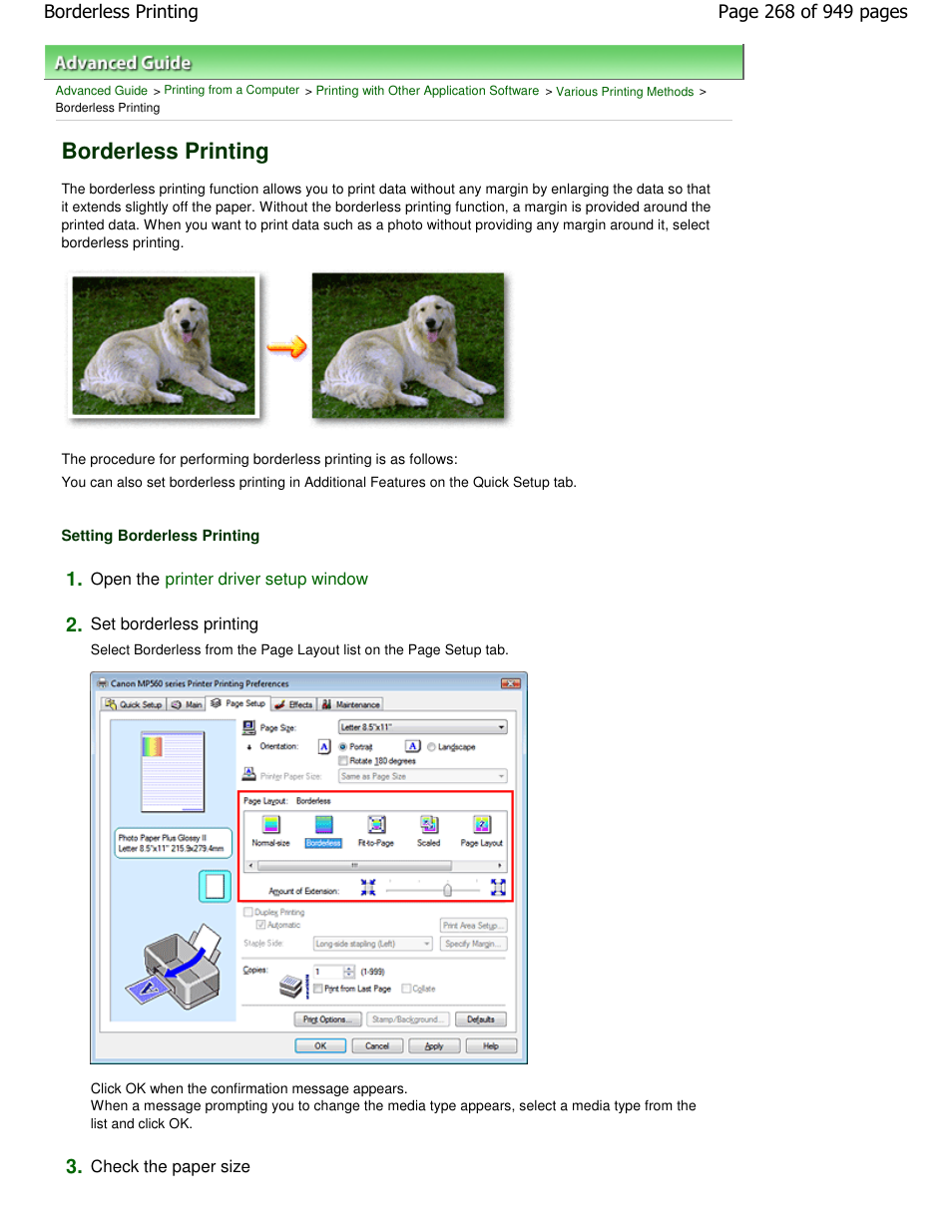 Borderless printing | Canon PIXMA MP560 User Manual | Page 268 / 949