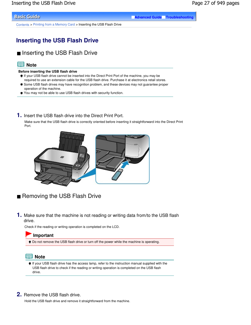Inserting the usb flash drive, Removing the usb flash drive | Canon PIXMA MP560 User Manual | Page 27 / 949