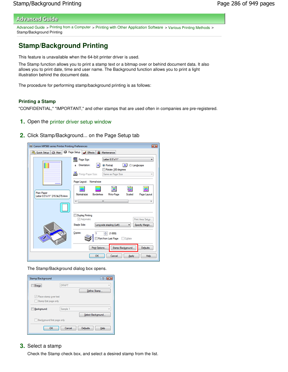 Stamp/background printing | Canon PIXMA MP560 User Manual | Page 286 / 949