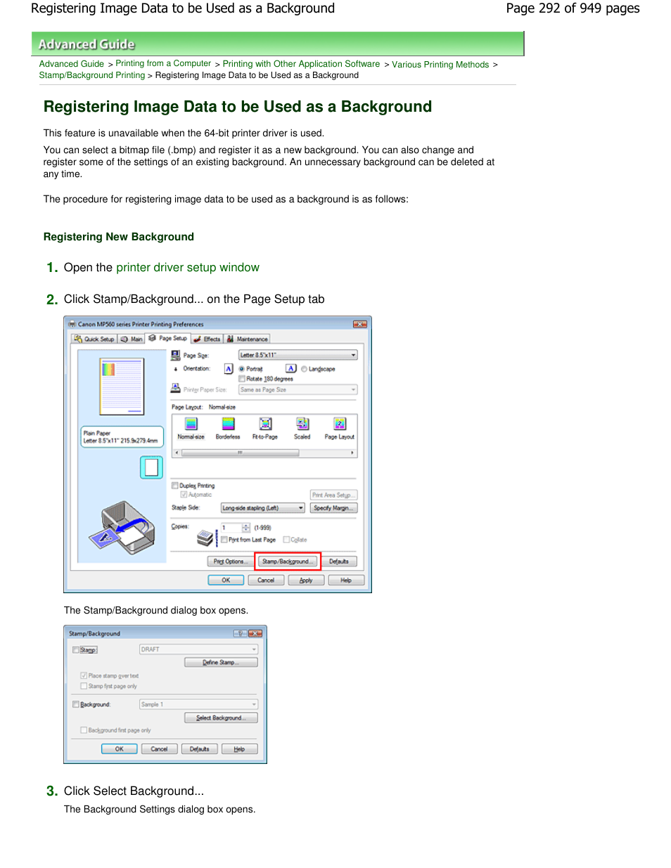 Registering image data to be used as a background | Canon PIXMA MP560 User Manual | Page 292 / 949