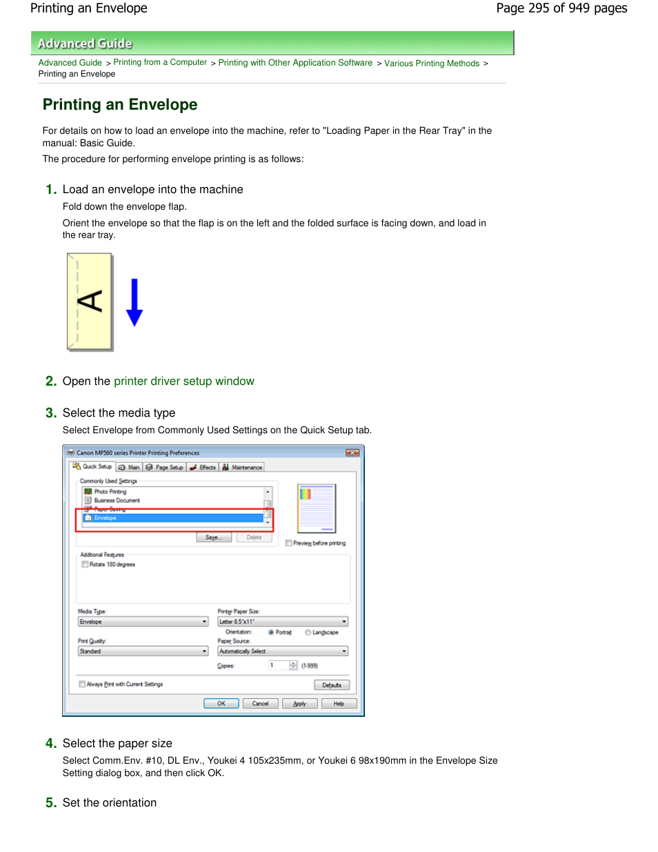 Printing an envelope | Canon PIXMA MP560 User Manual | Page 295 / 949