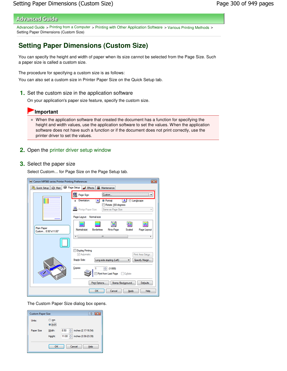 Setting paper dimensions (custom size) | Canon PIXMA MP560 User Manual | Page 300 / 949