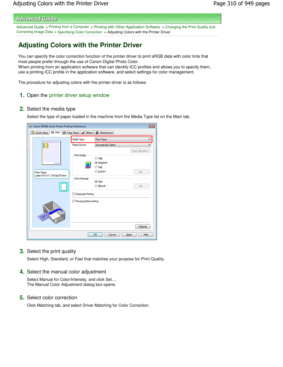 Adjusting colors with the printer driver | Canon PIXMA MP560 User Manual | Page 310 / 949