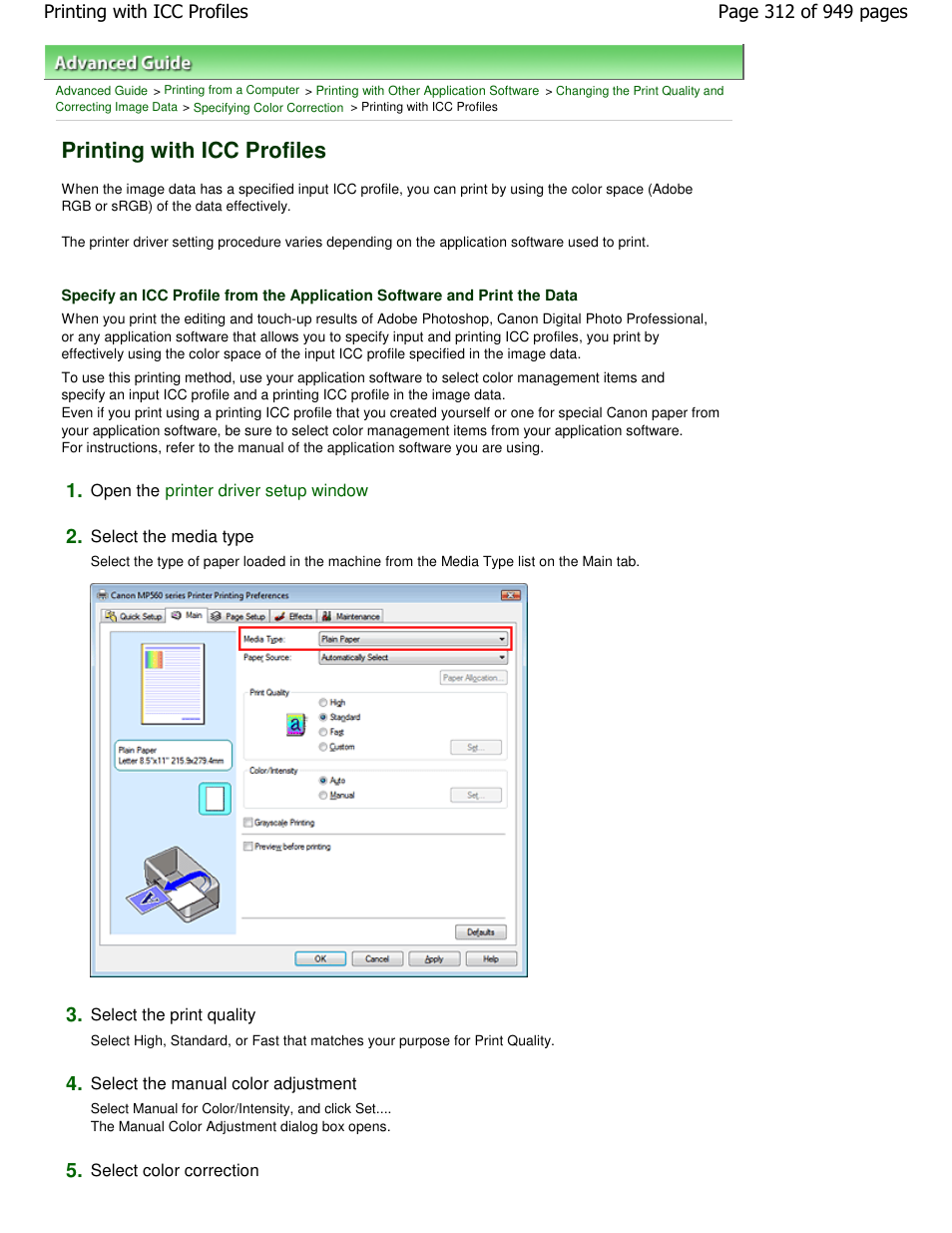 Printing with icc profiles | Canon PIXMA MP560 User Manual | Page 312 / 949
