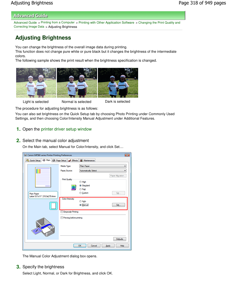 Adjusting brightness | Canon PIXMA MP560 User Manual | Page 318 / 949